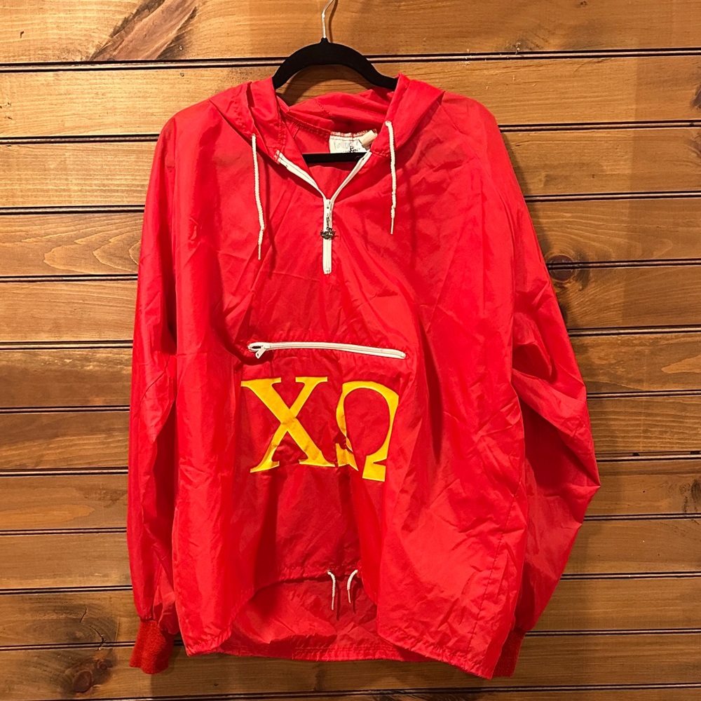 Vintage 80s Red & Yellow Chi Omega Windbreaker (Sz XL - oversized)